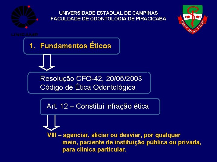 UNIVERSIDADE ESTADUAL DE CAMPINAS FACULDADE DE ODONTOLOGIA DE PIRACICABA 1. Fundamentos Éticos Resolução CFO-42,