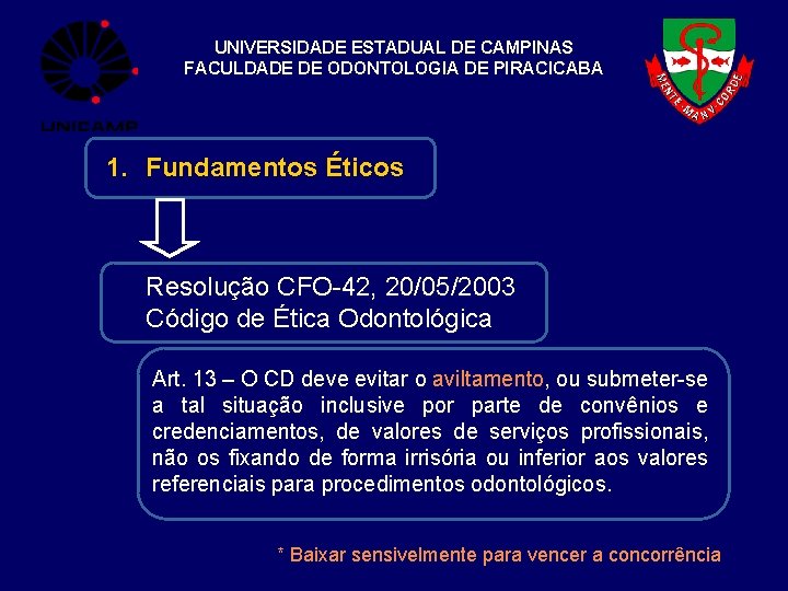 UNIVERSIDADE ESTADUAL DE CAMPINAS FACULDADE DE ODONTOLOGIA DE PIRACICABA 1. Fundamentos Éticos Resolução CFO-42,