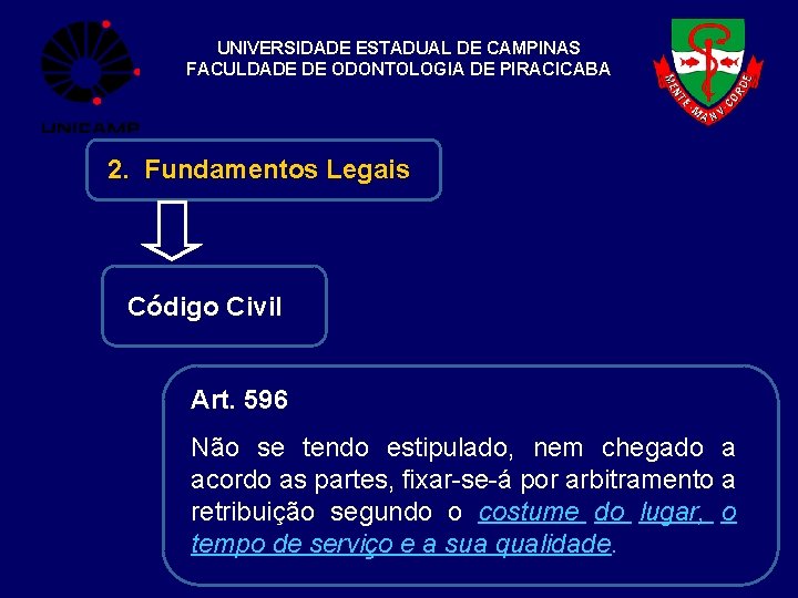 UNIVERSIDADE ESTADUAL DE CAMPINAS FACULDADE DE ODONTOLOGIA DE PIRACICABA 2. Fundamentos Legais Código Civil