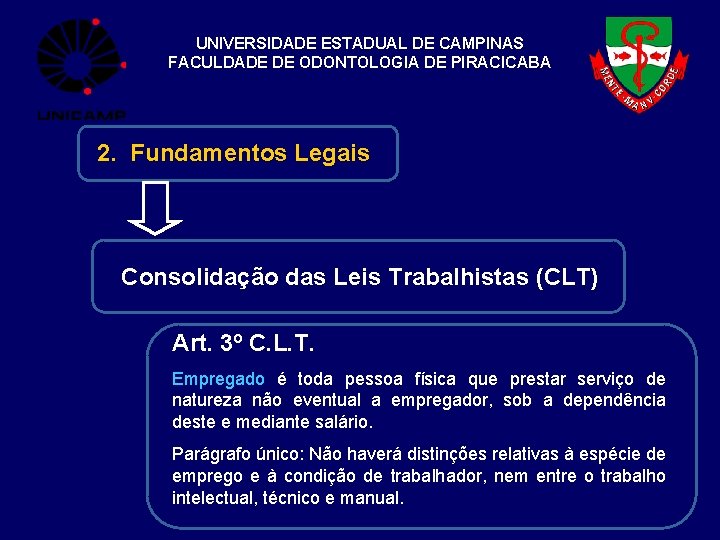 UNIVERSIDADE ESTADUAL DE CAMPINAS FACULDADE DE ODONTOLOGIA DE PIRACICABA 2. Fundamentos Legais Consolidação das