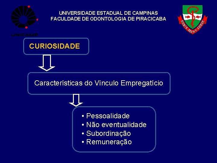 UNIVERSIDADE ESTADUAL DE CAMPINAS FACULDADE DE ODONTOLOGIA DE PIRACICABA CURIOSIDADE Características do Vínculo Empregatício