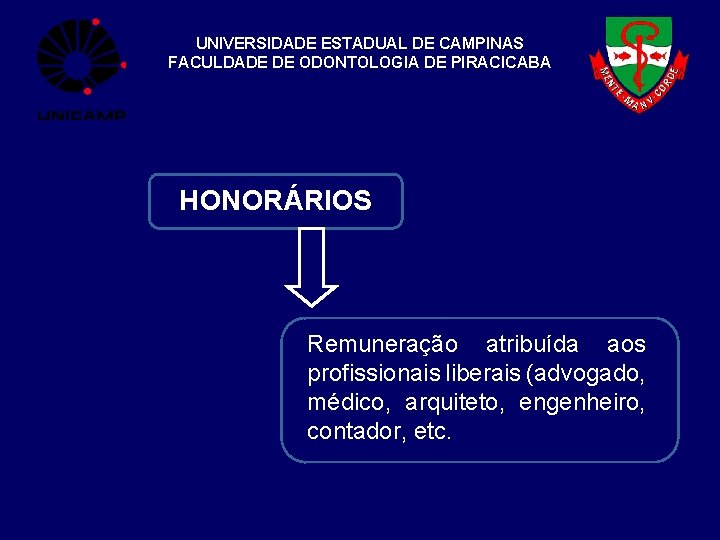 UNIVERSIDADE ESTADUAL DE CAMPINAS FACULDADE DE ODONTOLOGIA DE PIRACICABA HONORÁRIOS Remuneração atribuída aos profissionais