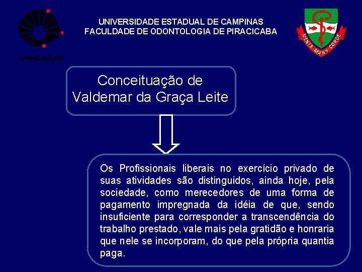 UNIVERSIDADE ESTADUAL DE CAMPINAS FACULDADE DE ODONTOLOGIA DE PIRACICABA Conceituação de Valdemar da Graça