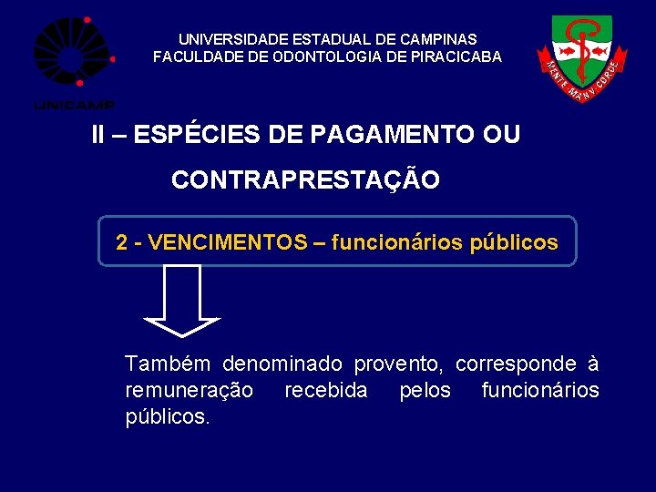 UNIVERSIDADE ESTADUAL DE CAMPINAS FACULDADE DE ODONTOLOGIA DE PIRACICABA II – ESPÉCIES DE PAGAMENTO