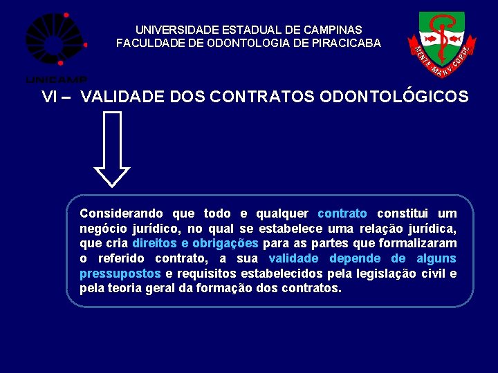 UNIVERSIDADE ESTADUAL DE CAMPINAS FACULDADE DE ODONTOLOGIA DE PIRACICABA VI – VALIDADE DOS CONTRATOS