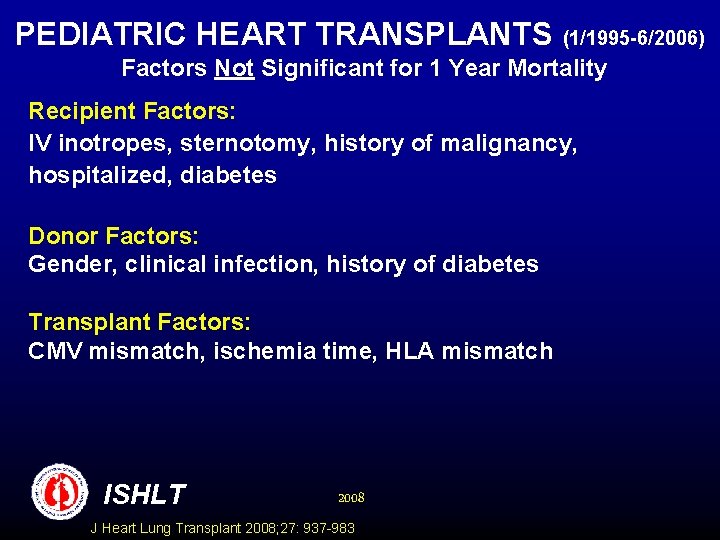 PEDIATRIC HEART TRANSPLANTS (1/1995 -6/2006) Factors Not Significant for 1 Year Mortality Recipient Factors: