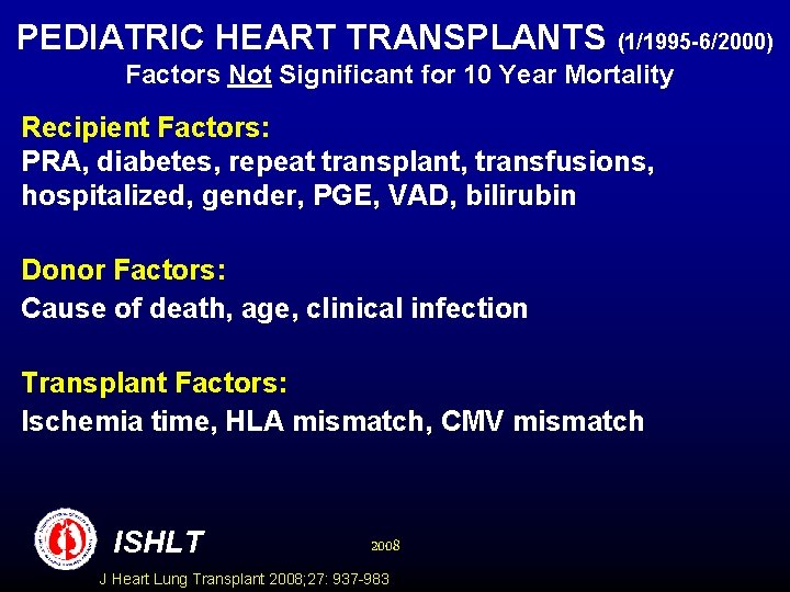 PEDIATRIC HEART TRANSPLANTS (1/1995 -6/2000) Factors Not Significant for 10 Year Mortality Recipient Factors: