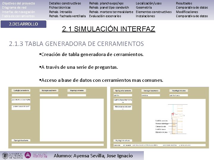 Objetivos del proyecto Diagrama de red Interfaz de navegación Tabla de cerramientos 2. DESARROLLO