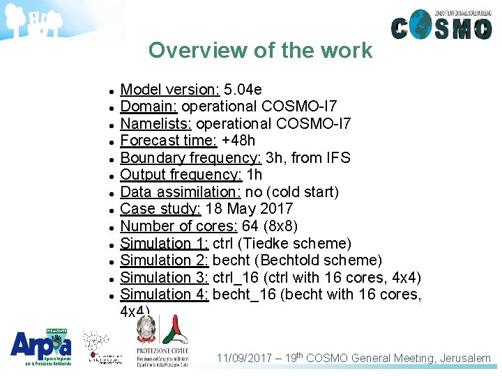 Overview of the work Model version: 5. 04 e Domain: operational COSMO-I 7 Namelists: