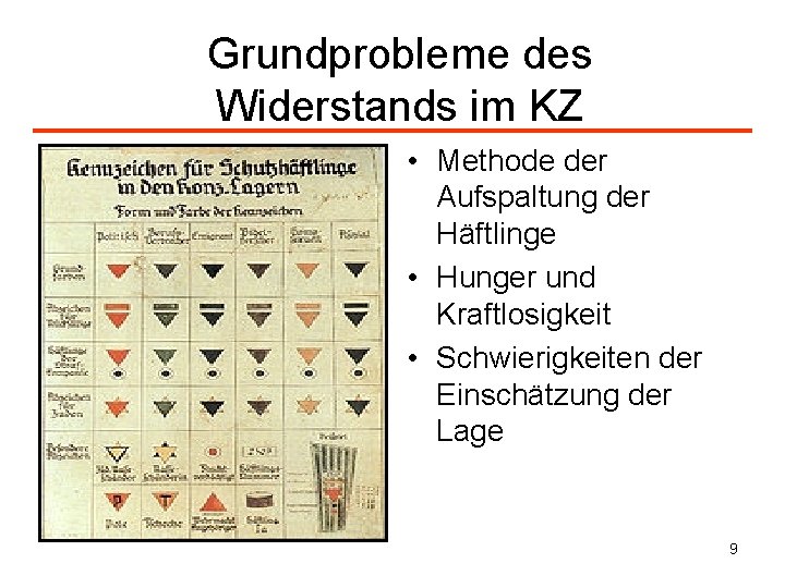 Grundprobleme des Widerstands im KZ • Methode der Aufspaltung der Häftlinge • Hunger und