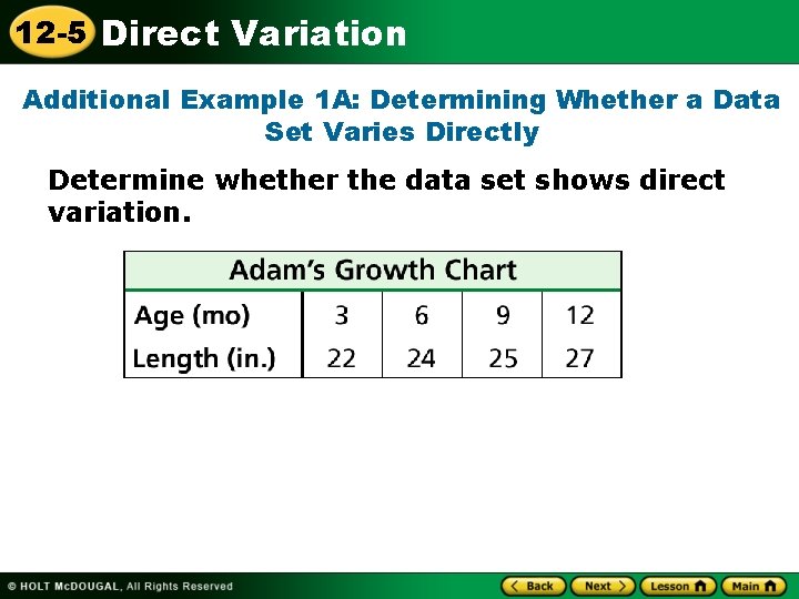 12 -5 Direct Variation Additional Example 1 A: Determining Whether a Data Set Varies