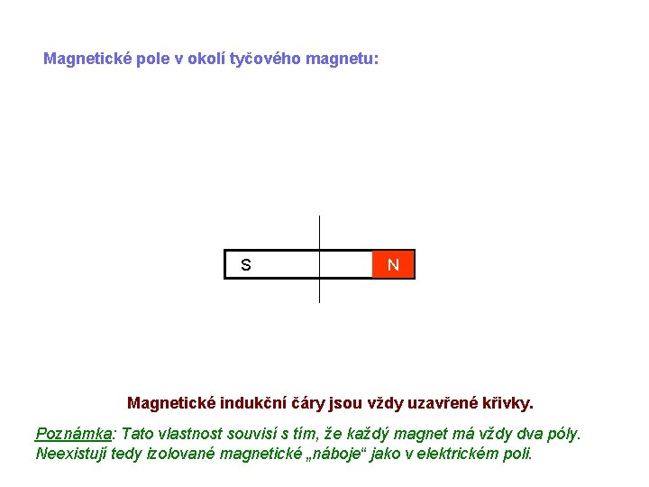 Magnetické pole v okolí tyčového magnetu: S N Magnetické indukční čáry jsou vždy uzavřené