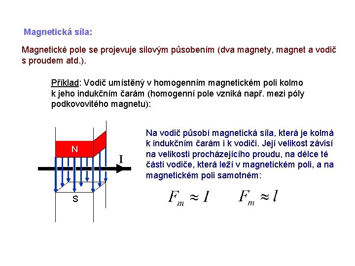 Magnetická síla: Magnetické pole se projevuje silovým působením (dva magnety, magnet a vodič s