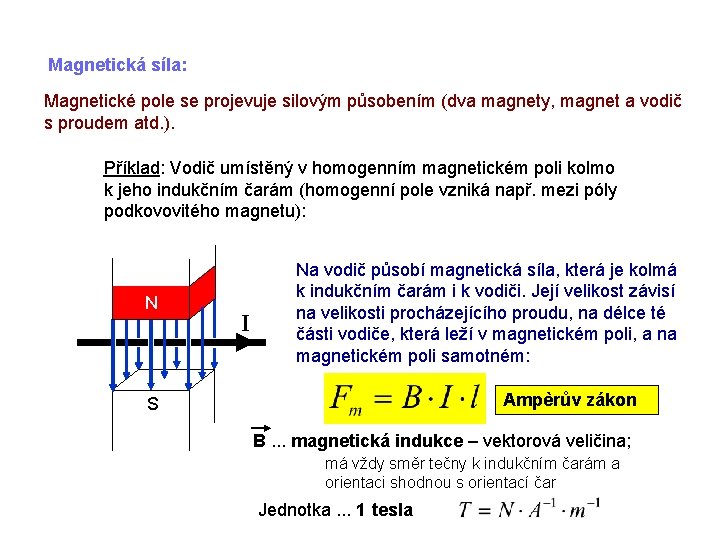 Magnetická síla: Magnetické pole se projevuje silovým působením (dva magnety, magnet a vodič s