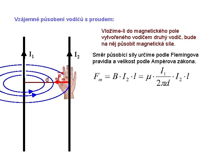 Vzájemné působení vodičů s proudem: Vložíme-li do magnetického pole vytvořeného vodičem druhý vodič, bude