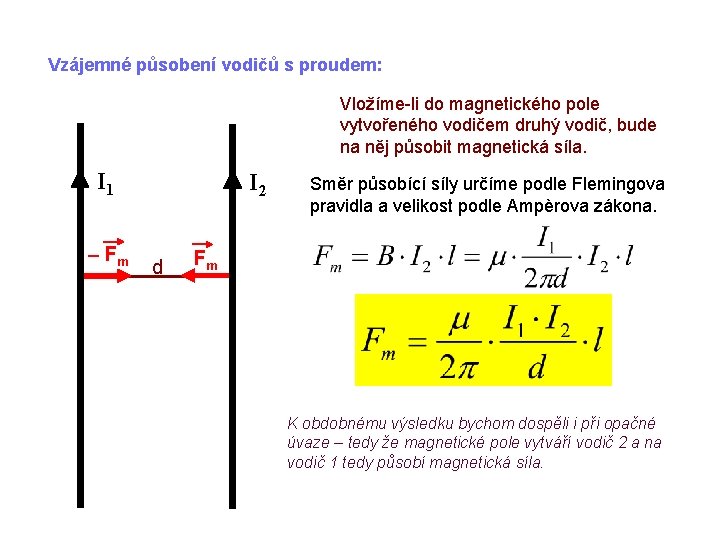 Vzájemné působení vodičů s proudem: Vložíme-li do magnetického pole vytvořeného vodičem druhý vodič, bude