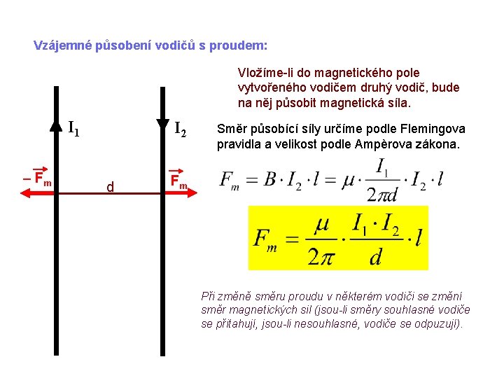 Vzájemné působení vodičů s proudem: Vložíme-li do magnetického pole vytvořeného vodičem druhý vodič, bude