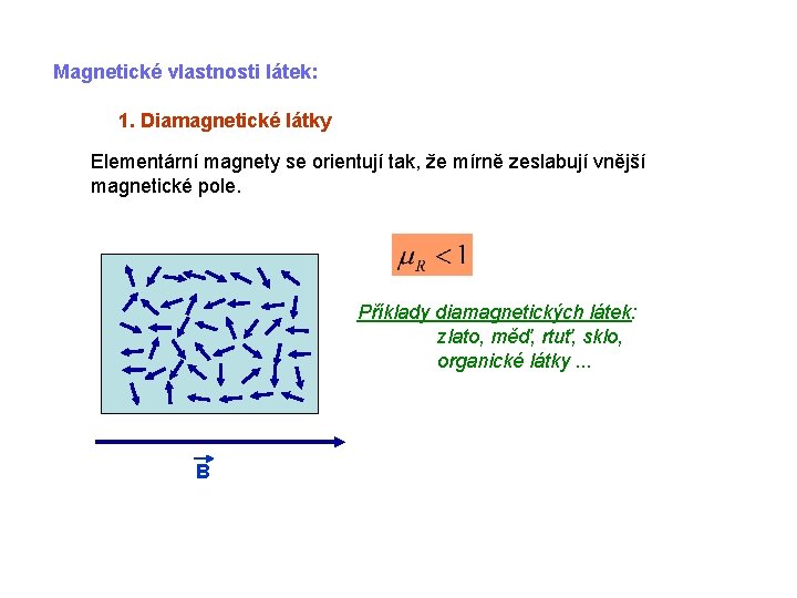 Magnetické vlastnosti látek: 1. Diamagnetické látky Elementární magnety se orientují tak, že mírně zeslabují