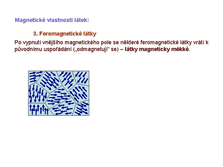 Magnetické vlastnosti látek: 3. Feromagnetické látky Po vypnutí vnějšího magnetického pole se některé feromagnetické