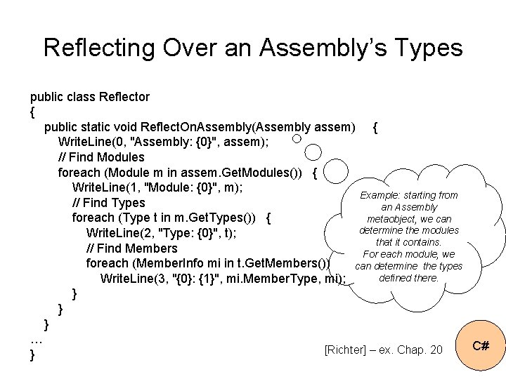 Reflecting Over an Assembly’s Types public class Reflector { public static void Reflect. On.