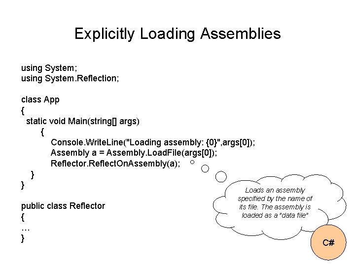 Explicitly Loading Assemblies using System; using System. Reflection; class App { static void Main(string[]