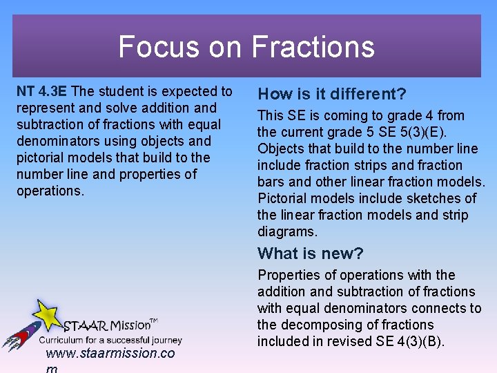 Focus on Fractions NT 4. 3 E The student is expected to represent and