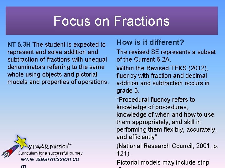 Focus on Fractions NT 5. 3 H The student is expected to represent and