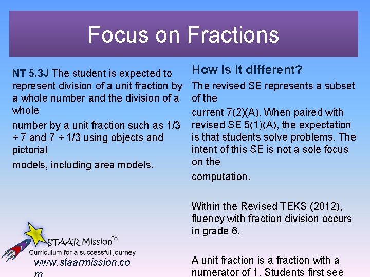 Focus on Fractions NT 5. 3 J The student is expected to represent division