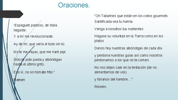 Oraciones. “Oh Tallarines que están en los cielos gourmets “Espagueti pastoso, de Italia Santificada