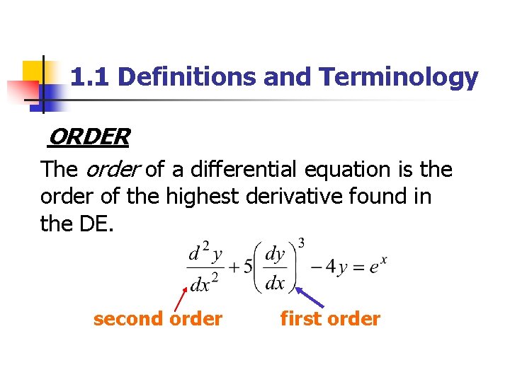 1. 1 Definitions and Terminology ORDER The order of a differential equation is the