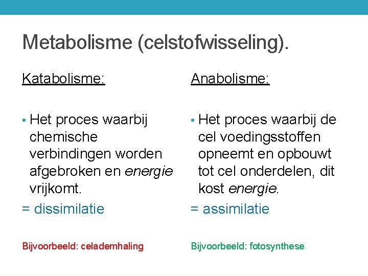 Metabolisme (celstofwisseling). Katabolisme: Anabolisme: • Het proces waarbij de chemische verbindingen worden afgebroken en