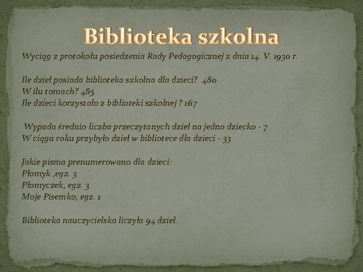 Biblioteka szkolna Wyciąg z protokołu posiedzenia Rady Pedagogicznej z dnia 14. V. 1930 r.