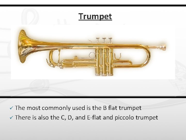 Trumpet ü The most commonly used is the B flat trumpet ü There is