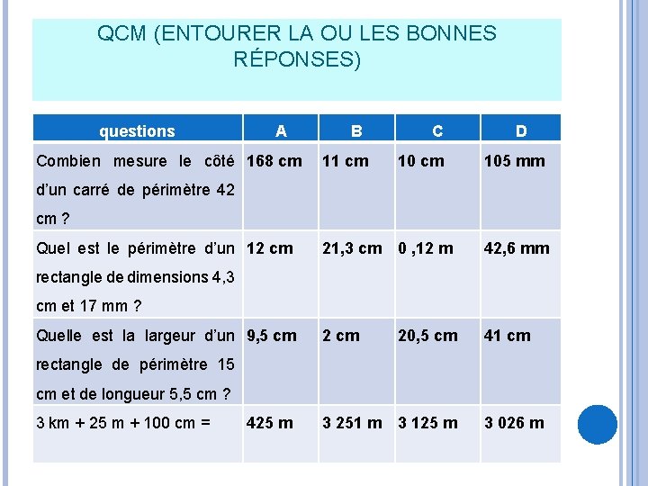 QCM (ENTOURER LA OU LES BONNES RÉPONSES) questions A Combien mesure le côté 168