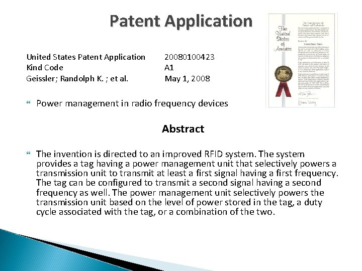 Patent Application United States Patent Application Kind Code Geissler; Randolph K. ; et al.