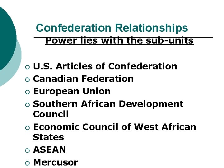 Confederation Relationships Power lies with the sub-units ¡ ¡ ¡ ¡ U. S. Articles