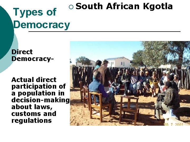 ¡ South Types of Democracy Direct Democracy- Actual direct participation of a population in