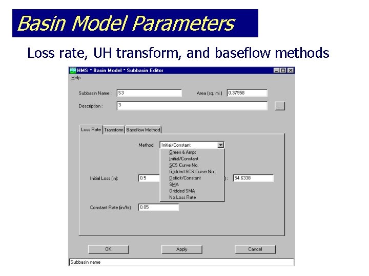 Basin Model Parameters Loss rate, UH transform, and baseflow methods 