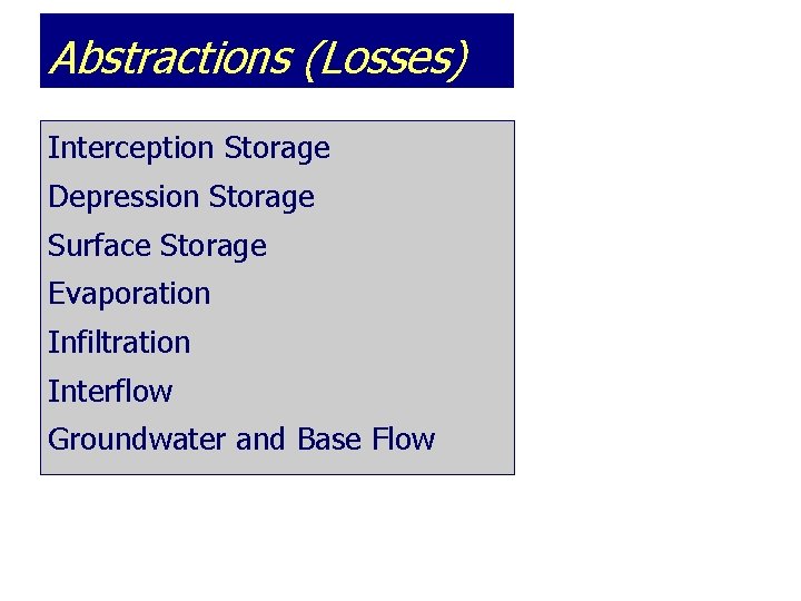 Abstractions (Losses) Interception Storage Depression Storage Surface Storage Evaporation Infiltration Interflow Groundwater and Base