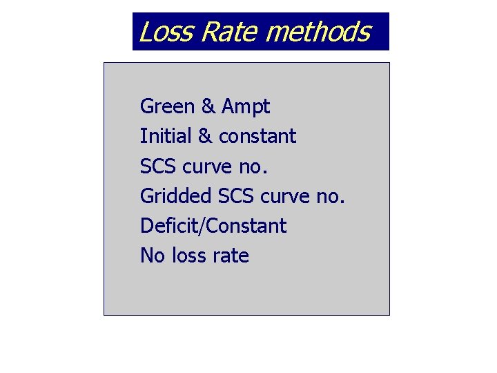 Loss Rate methods Green & Ampt Initial & constant SCS curve no. Gridded SCS