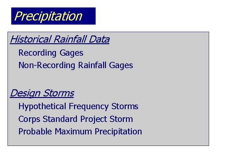 Precipitation Historical Rainfall Data Recording Gages Non-Recording Rainfall Gages Design Storms Hypothetical Frequency Storms