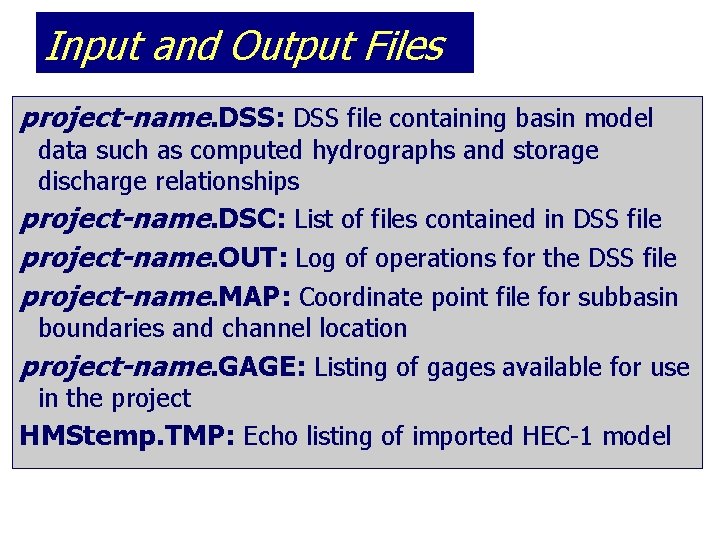 Input and Output Files project-name. DSS: DSS file containing basin model data such as