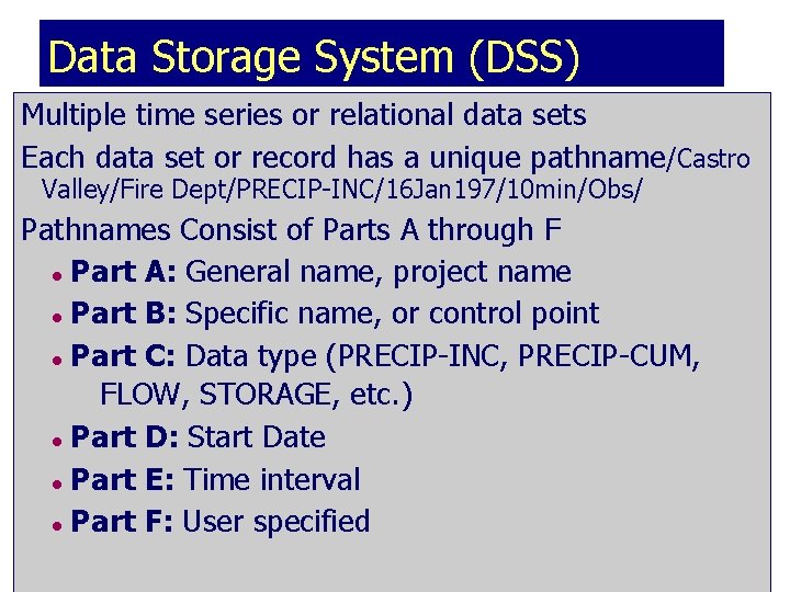 Data Storage System (DSS) Multiple time series or relational data sets Each data set