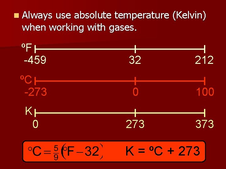 n Always use absolute temperature (Kelvin) when working with gases. ºF -459 32 212