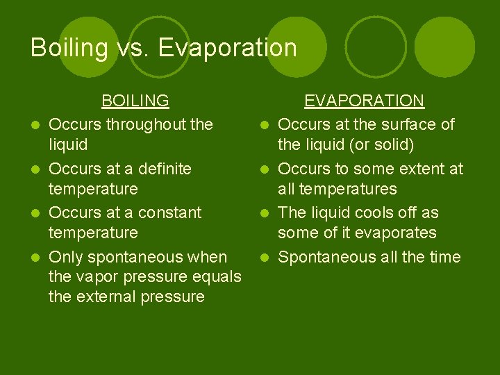 Boiling vs. Evaporation l l BOILING Occurs throughout the liquid Occurs at a definite