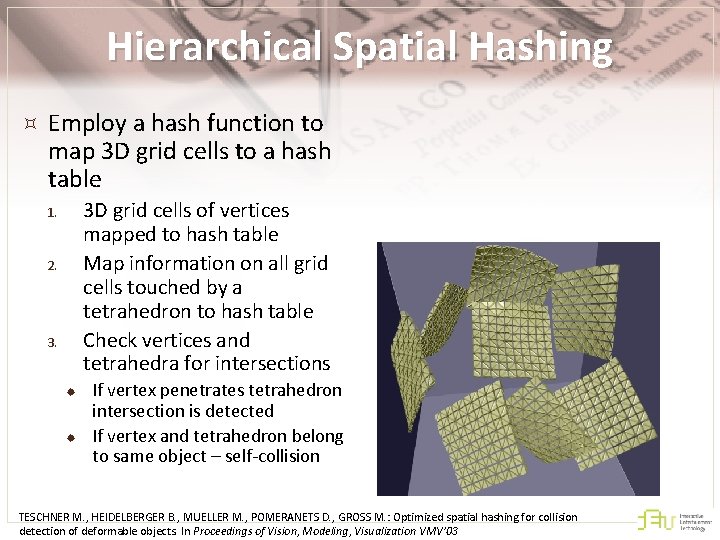 Hierarchical Spatial Hashing Employ a hash function to map 3 D grid cells to