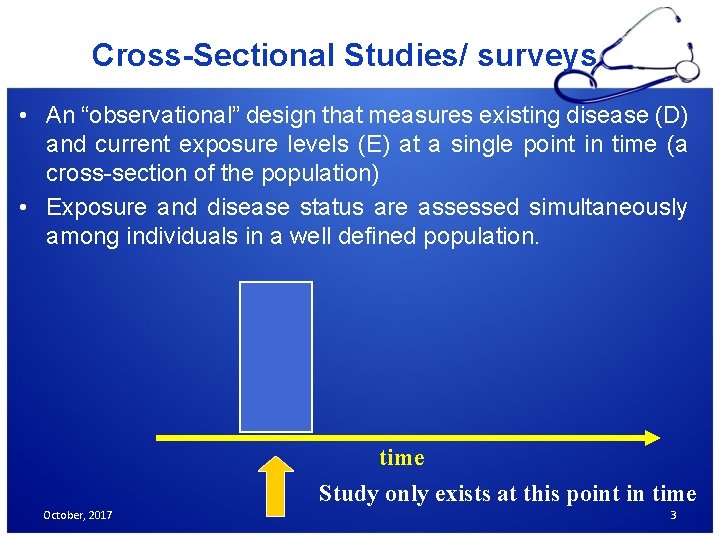 Cross-Sectional Studies/ surveys • An “observational” design that measures existing disease (D) and current