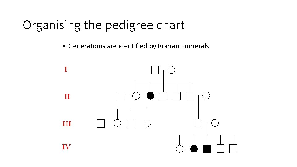 Organising the pedigree chart • Generations are identified by Roman numerals I II IV Organising the pedigree chart • Generations are identified by Roman numerals I II IV