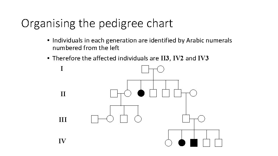 Organising the pedigree chart • Individuals in each generation are identified by Arabic numerals Organising the pedigree chart • Individuals in each generation are identified by Arabic numerals