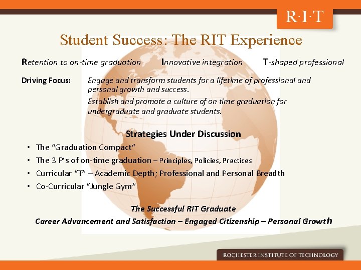 Student Success: The RIT Experience Retention to on-time graduation Driving Focus: Innovative integration T-shaped